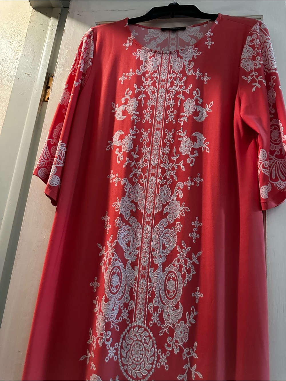 Coral Red Embroidered Midi Dress with White Floral Detail